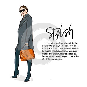 Young woman in grey coat and over knee boots with orange handbag illustration. Fashoin business outlook. Stylish girl