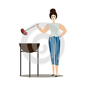 Young woman grilling sausage on fire with stick vector illustration