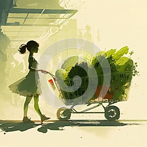 A young woman with a grocery cart chooses food in a grocery store. AI generated