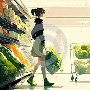 A young woman with a grocery cart chooses food in a grocery store. AI generated.