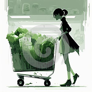 A young woman with a grocery cart chooses food in a grocery store. AI generated