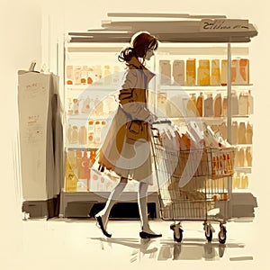 A young woman with a grocery cart chooses food in a grocery store. AI generated