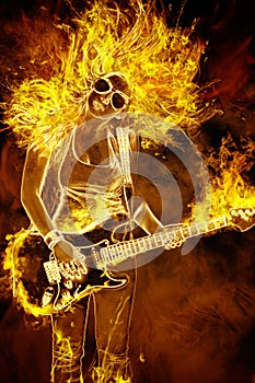 Young woman with guitar in fire flames