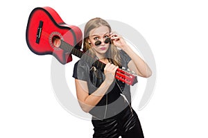 The young woman guitar player isolated on white