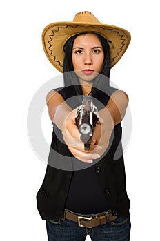 Young woman with gun isolated on white