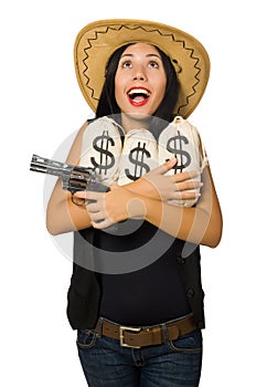 The young woman with gun and money sacks