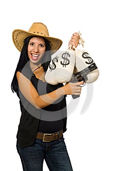 The young woman with gun and money sacks