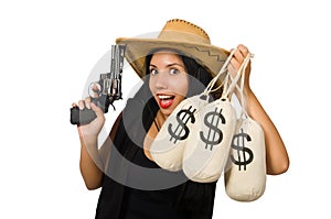 The young woman with gun and money sacks