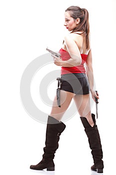 young woman - gun on white