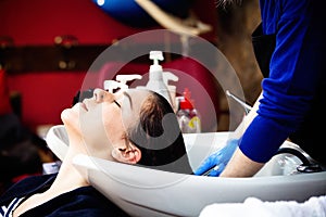 Young woman at hairdreser in hair studio