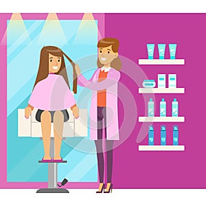 Young woman in hairdresser saloon having a haircut. Colorful cartoon character vector Illustration