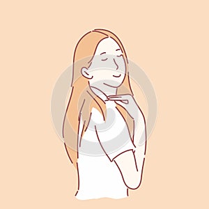 à¹Young woman with a hand on hair, Concept beautiful hair care, Hand drawn character style vector