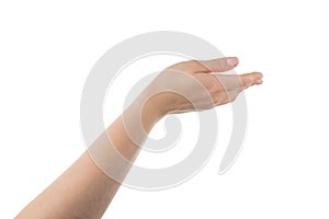 Young woman hand hold something on a pal isolated on white background