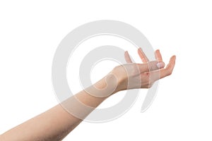 Young woman hand hold something on a pal isolated on white background