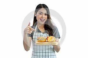 Young asian woman hand holding hamburger on white background