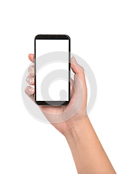 Young Woman hand holding smartphone on white background