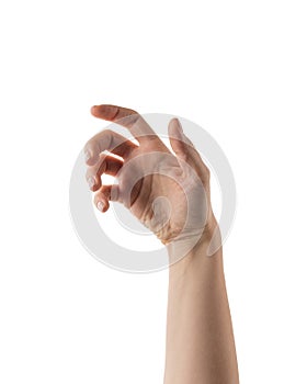Young woman hand reaching or holding something isolated on white background