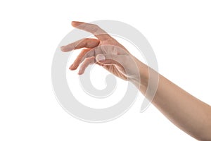 Young woman hand reaching isolated on white background