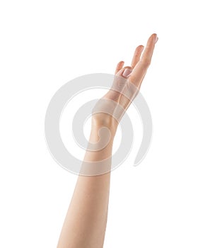 Young woman hand reaching isolated on white background