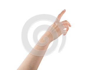 Young woman hand reaching isolated on white background