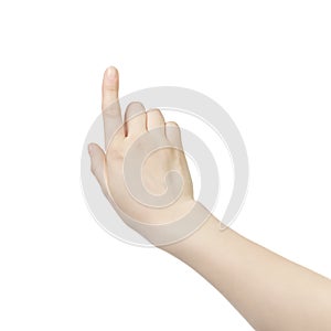 Young woman hand touch screen gesture isolated