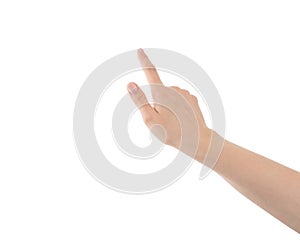 Young woman hand touch screen gesture isolated on white background