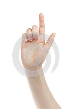 Young woman hand touch screen gesture towards camera