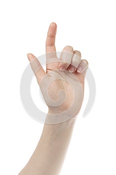 Young woman hand touch screen gesture towards camera