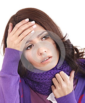 Young woman with handkerchief having cold.