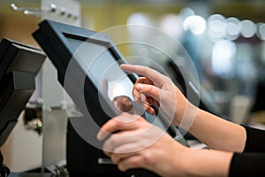 Young woman hands counting, entering discount, sale to a touchscreen cash register, POS, finance concept