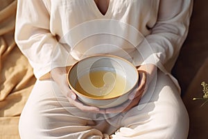 Young woman hands holding aromatic teacup cup of green leaves tea hot steaming beverage morning comfy comfortable
