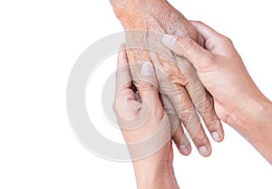 Young woman hands holding old woman hands on white background, f