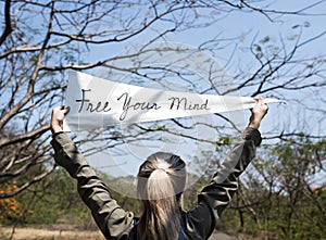 Young Woman Hands Holding Sign Said Free Your Mind