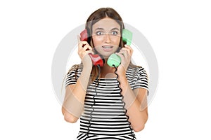 Young woman with handsets