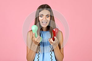 Young woman with handsets