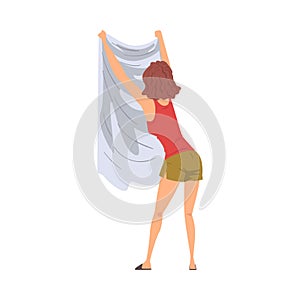 Young Woman Hanging Clean Wet Clothes out to Dry, Housewife Character Household Activity, Housekeeping, Everyday Duties