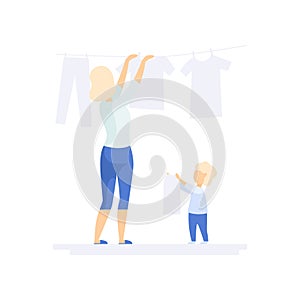 Young woman hanging wet clothes out to dry, little son helping her, family lifestyle concept vector Illustration on a