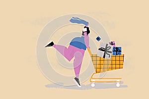Young woman happily buying and pushes a shopping cart full of gifts. Commercial banner or advertisement illustration