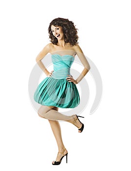 Young woman happy dancing, smiling glad girl in joyful dress