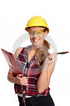 Young woman with hard hat and writing board