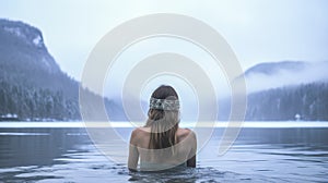 a young woman hardens herself in a winter frozen lake in a mountain nature