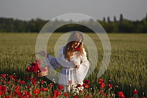 Young woman harvesting poppy