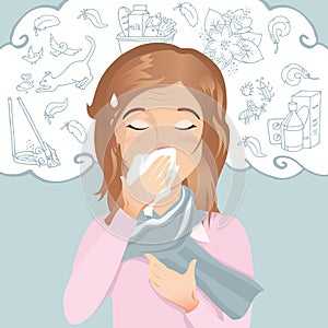 Young woman has an allergy, runny nose and cough. Allergic to dust, pollen, animals, medicines, food and insects.