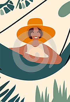 Young woman in a hat reclining in coastal hammocks, savoring sunny and alfresco. Relishing leisure moments or staying