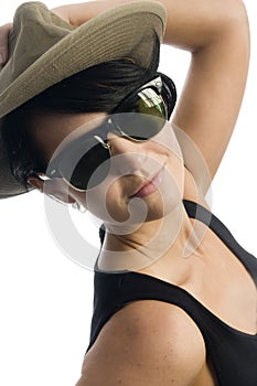 young woman hat retro sunglasses