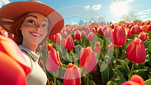 Young woman in a hat takes a selfie in the tulip field. Canadian Tulip Festival or Netherlands event. 3d