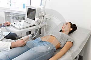 Young woman having 4D ultrasound scan. Ultrasound imaging,examination of the abdomen