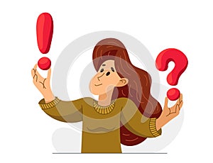 Young woman having a doubt and question, vector illustration of a person who is hesitating and thinking about some problem, decide