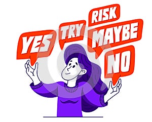 Young woman having a doubt and question, vector illustration of a person who is hesitating and thinking about some problem, decide