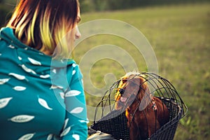 Young woman having fun near countryside park, riding bike, traveling with companion spaniel dog